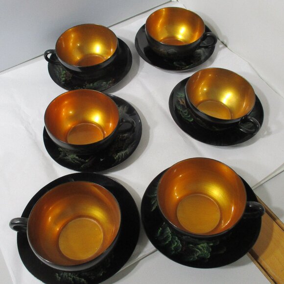 23 Piece Vintage Asian Chinese Black Lacquerware Tea Set Tray Cups Pot Oriental - Picture 6 of 16